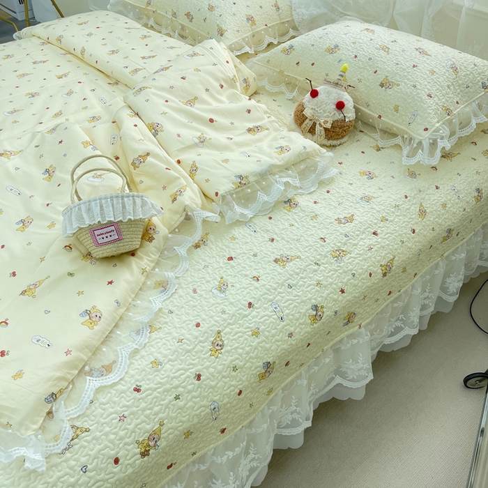 91家纺网 家纺一手货源 找家纺 禧瑞谷 2025新款双层花边纯棉床盖雪纺蕾丝款纯棉床盖四件套 星星人