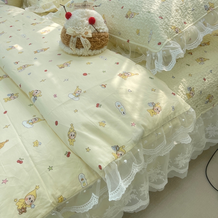 91家纺网 家纺一手货源 找家纺 禧瑞谷 2025新款双层花边纯棉床盖雪纺蕾丝款纯棉床盖四件套 星星人