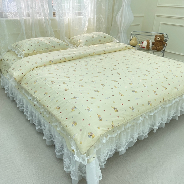 91家纺网 家纺一手货源 找家纺 禧瑞谷 2025新款双层花边纯棉床盖雪纺蕾丝款纯棉床盖四件套 星星人