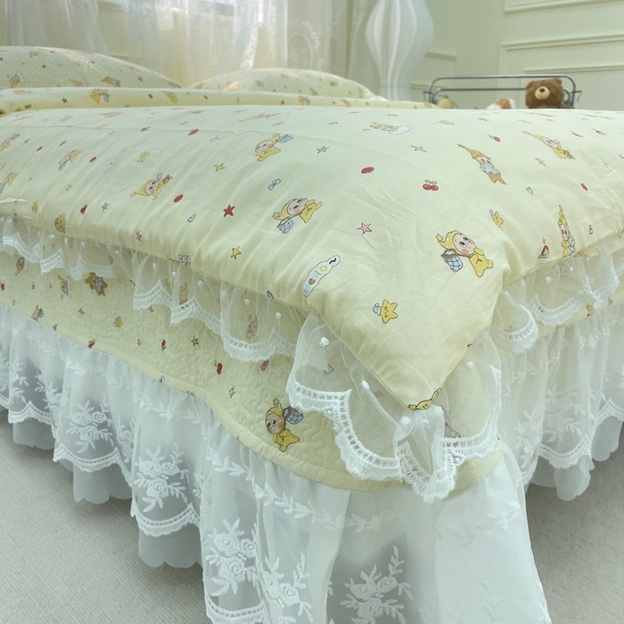 91家纺网 家纺一手货源 找家纺 禧瑞谷 2025新款双层花边纯棉床盖雪纺蕾丝款纯棉床盖四件套 星星人