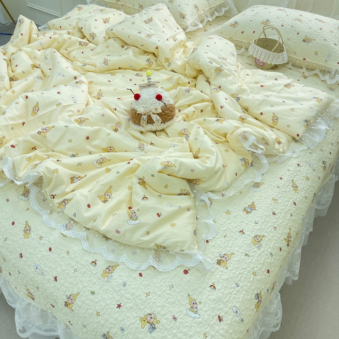 91家纺网 家纺一手货源 找家纺 禧瑞谷 2025新款双层花边纯棉床盖雪纺蕾丝款纯棉床盖四件套 星星人