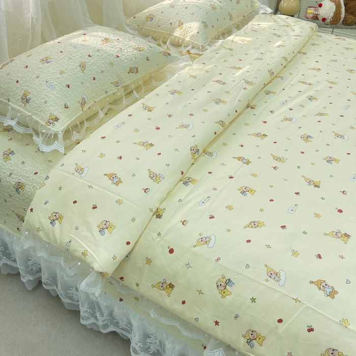 91家纺网 家纺一手货源 找家纺 禧瑞谷 2025新款双层花边纯棉床盖雪纺蕾丝款纯棉床盖四件套 星星人