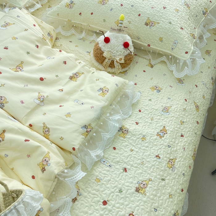 91家纺网 家纺一手货源 找家纺 禧瑞谷 2025新款双层花边纯棉床盖雪纺蕾丝款纯棉床盖四件套 星星人