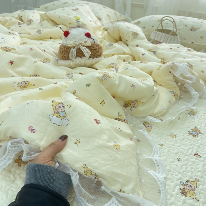 91家纺网 家纺一手货源 找家纺 禧瑞谷 2025新款双层花边纯棉床盖雪纺蕾丝款纯棉床盖四件套 星星人