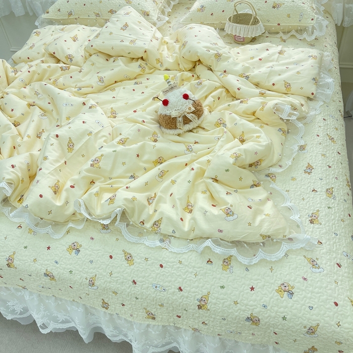 91家纺网 家纺一手货源 找家纺 禧瑞谷 2025新款双层花边纯棉床盖雪纺蕾丝款纯棉床盖四件套 星星人