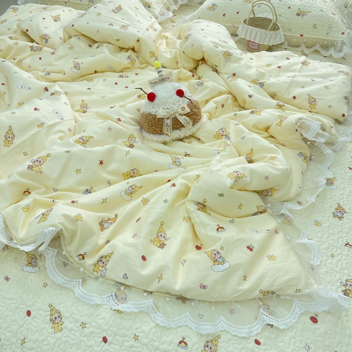 91家纺网 家纺一手货源 找家纺 禧瑞谷 2025新款双层花边纯棉床盖雪纺蕾丝款纯棉床盖四件套 星星人