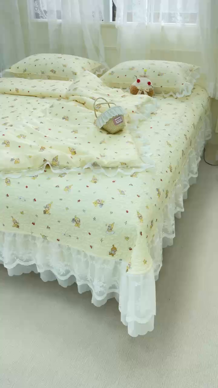 91家纺网 家纺一手货源 找家纺 禧瑞谷 2025新款双层花边纯棉床盖雪纺蕾丝款纯棉床盖四件套 星星人