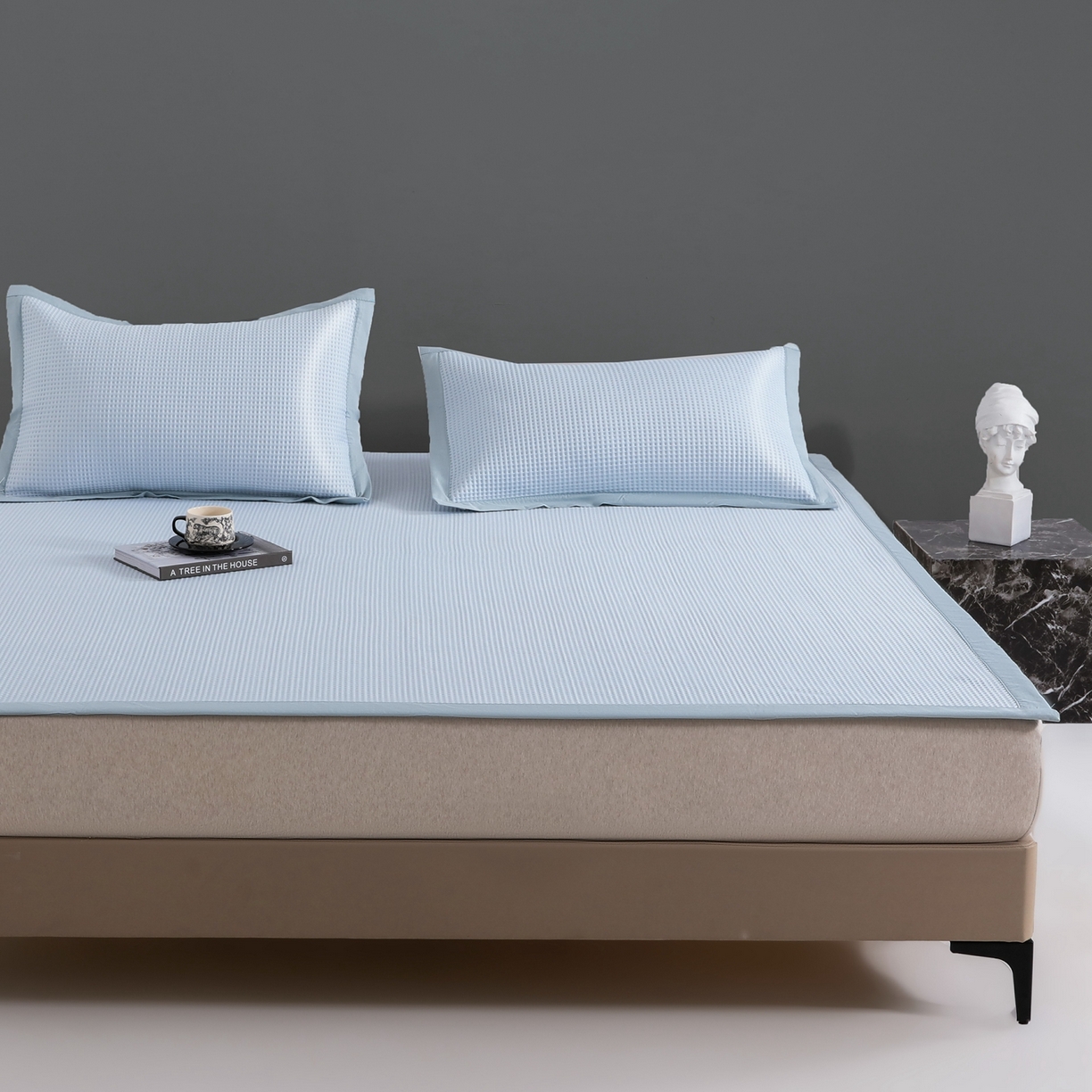 91家纺网 家纺一手货源 找家纺 耀悦家纺 2026款100%乙纶凉席pe凉感华夫格凉席加厚三明治三件套床笠床席子枕套 华夫格-水晶兰床席款