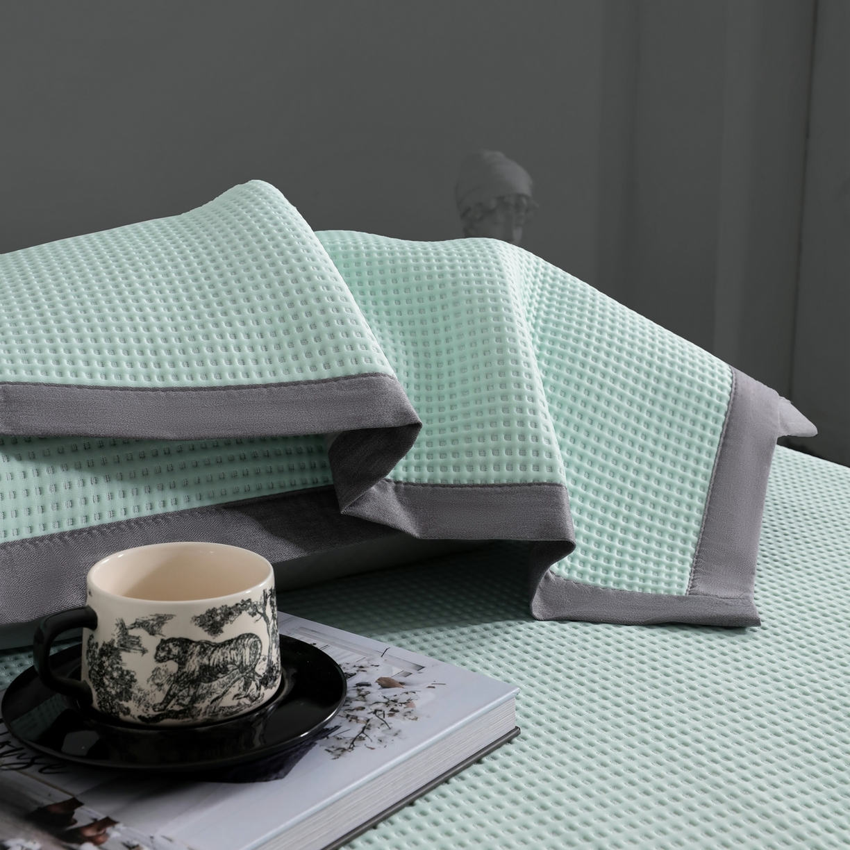 耀悦家纺 2026款100%乙纶凉席pe凉感华夫格凉席加厚三明治三件套床笠床席子枕套 华夫格-水绿床席款