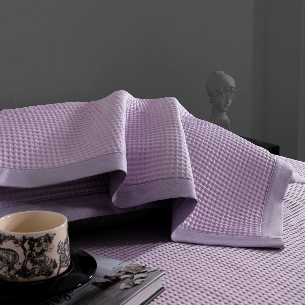 耀悦家纺 2026款100%乙纶凉席pe凉感华夫格凉席加厚三明治三件套床笠床席子枕套 华夫格-紫色床席款
