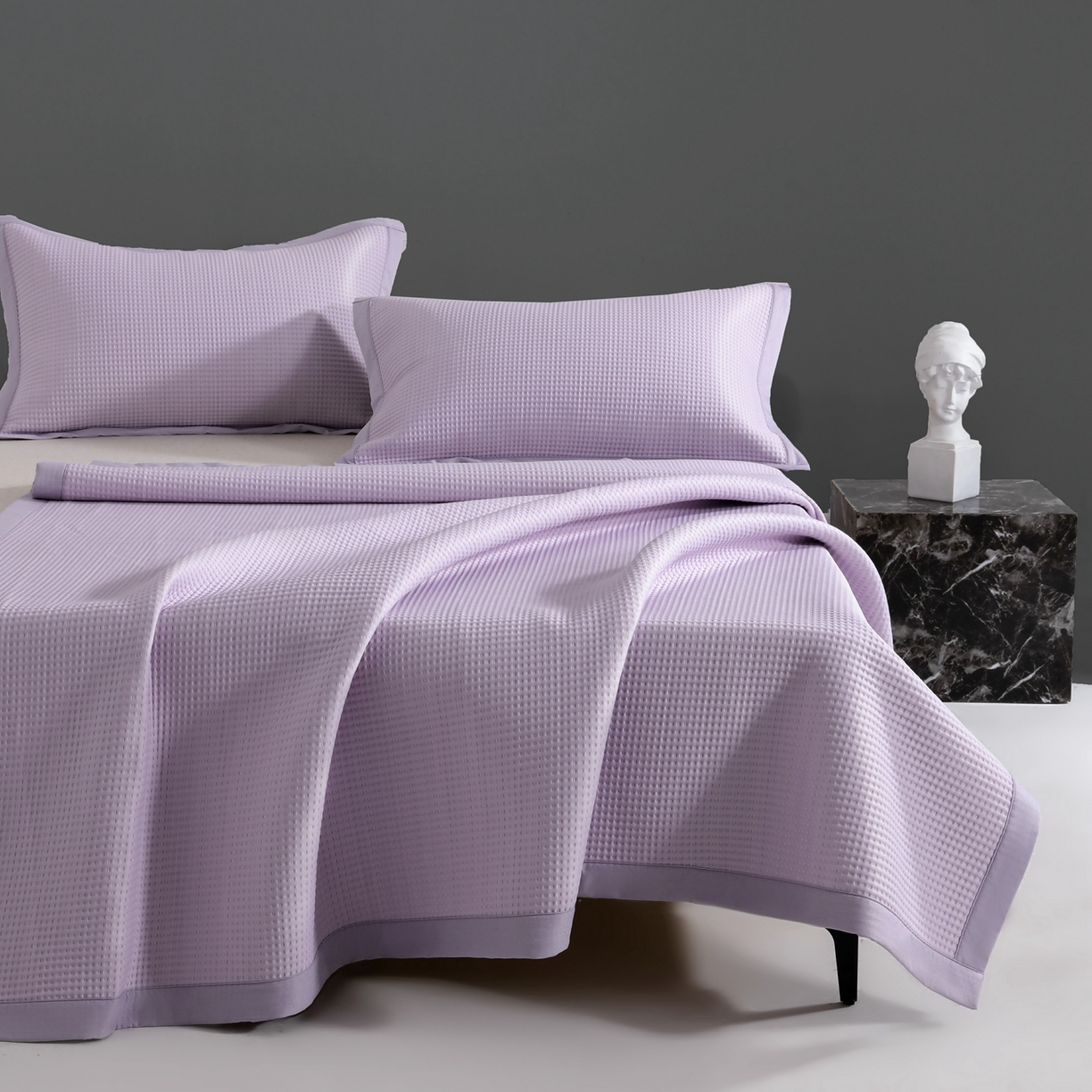 91家纺网 家纺一手货源 找家纺 耀悦家纺 2026款100%乙纶凉席pe凉感华夫格凉席加厚三明治三件套床笠床席子枕套 华夫格-紫色床席款