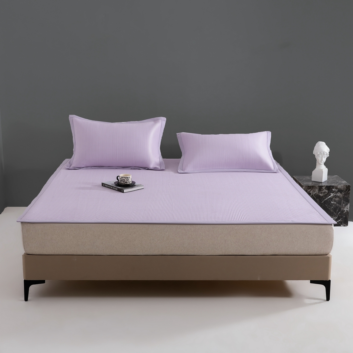 91家纺网 家纺一手货源 找家纺 耀悦家纺 2026款100%乙纶凉席pe凉感华夫格凉席加厚三明治三件套床笠床席子枕套 华夫格-紫色床席款