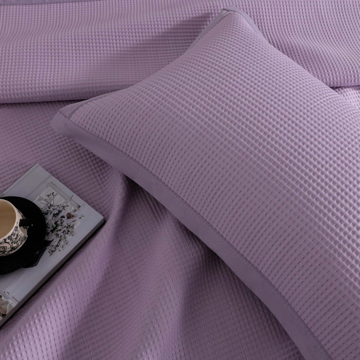 91家纺网 家纺一手货源 找家纺 耀悦家纺 2026款100%乙纶凉席pe凉感华夫格凉席加厚三明治三件套床笠床席子枕套 华夫格-紫色床席款