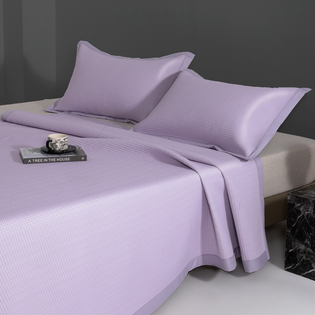 91家纺网 家纺一手货源 找家纺 耀悦家纺 2026款100%乙纶凉席pe凉感华夫格凉席加厚三明治三件套床笠床席子枕套 华夫格-紫色床席款