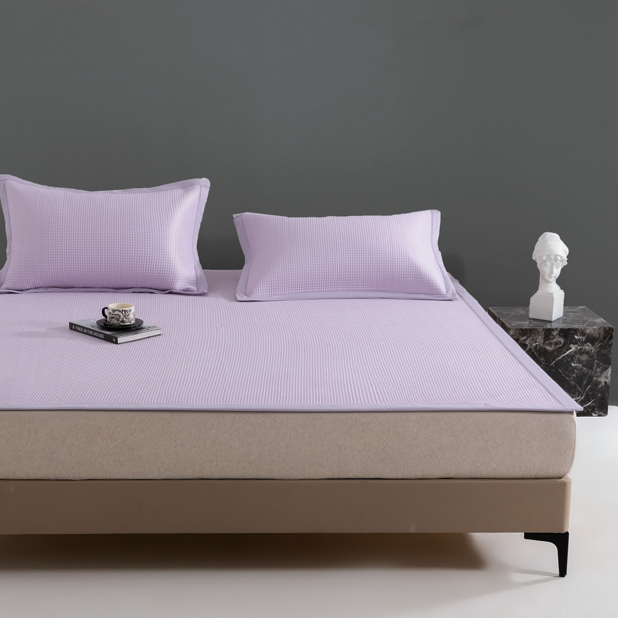 91家纺网 家纺一手货源 找家纺 耀悦家纺 2026款100%乙纶凉席pe凉感华夫格凉席加厚三明治三件套床笠床席子枕套 华夫格-紫色床席款