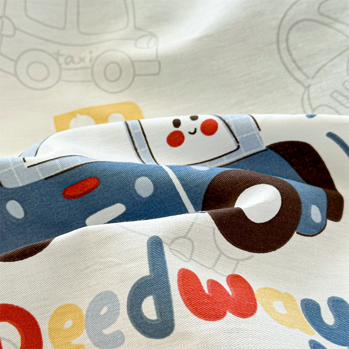 91家纺网 家纺一手货源 找家纺 优眠坊 2026春夏新款全棉印花卡通单床笠 汽车嘟嘟