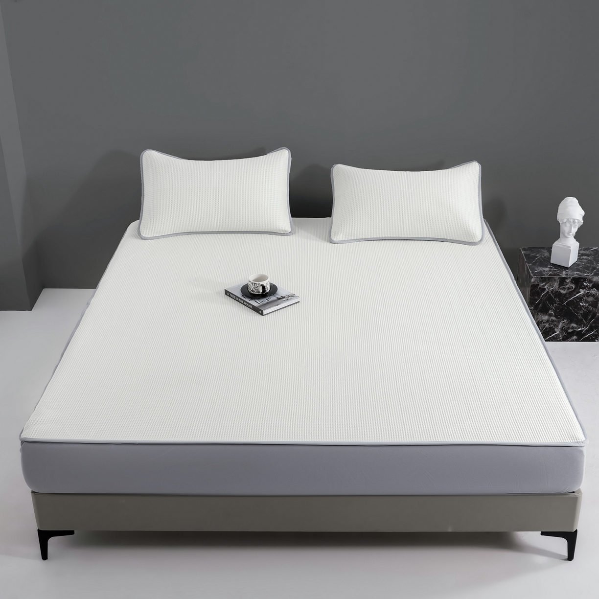 91家纺网 家纺一手货源 找家纺 耀悦家纺 2026款100%乙纶凉席pe凉感华夫格凉席加厚三明治三件套床笠床席子枕套 奶白-床笠款