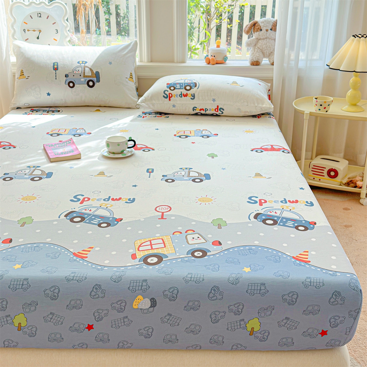 91家纺网 家纺一手货源 找家纺 优眠坊 2026春夏新款全棉印花卡通单床笠 汽车嘟嘟