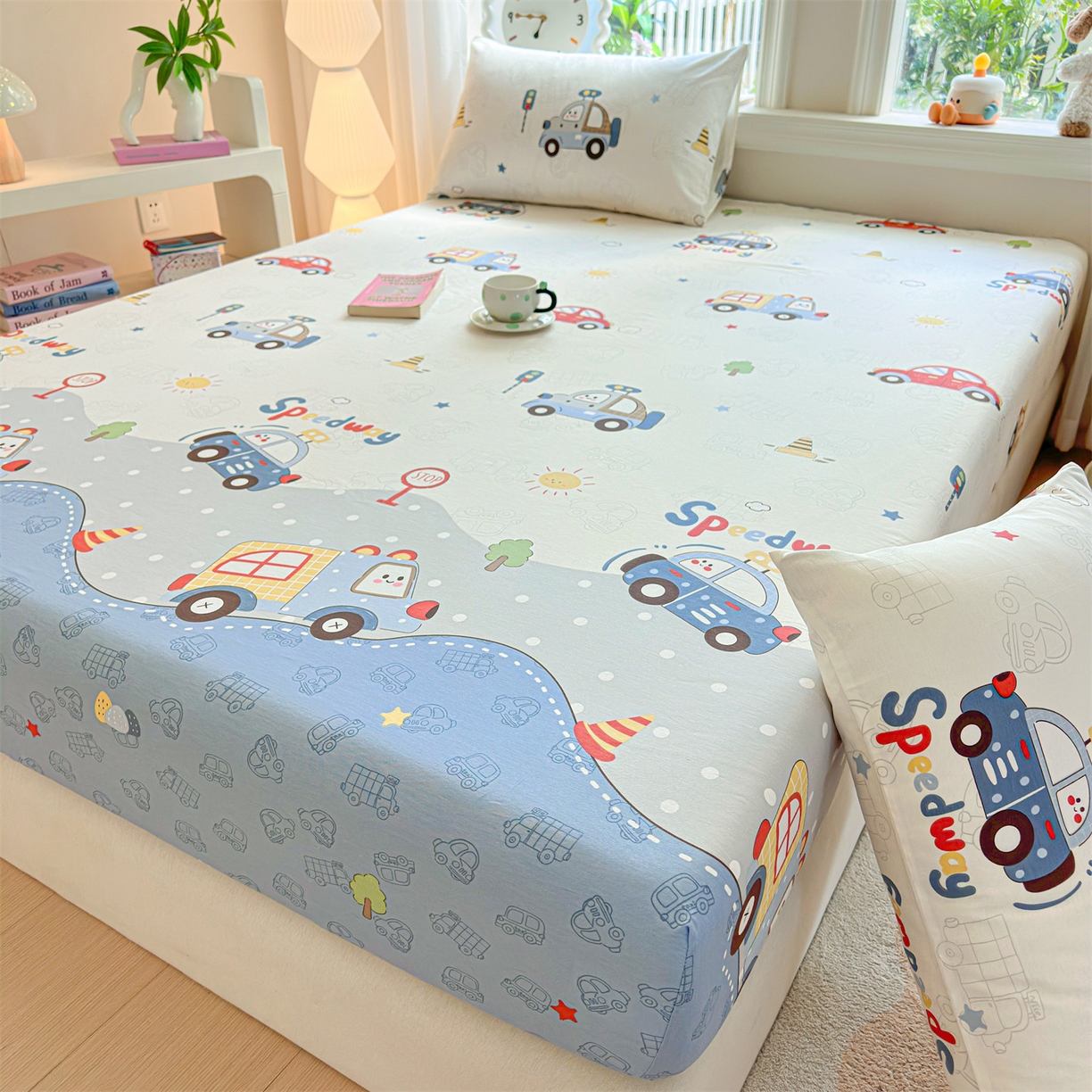 91家纺网 家纺一手货源 找家纺 优眠坊 2026春夏新款全棉印花卡通单床笠 汽车嘟嘟