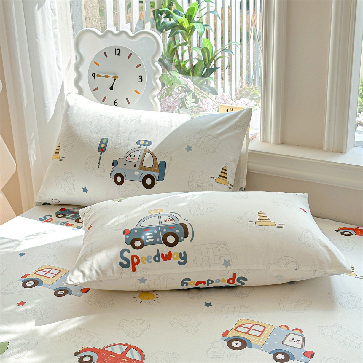 91家纺网 家纺一手货源 找家纺 优眠坊 2026春夏新款全棉印花卡通单床笠 汽车嘟嘟