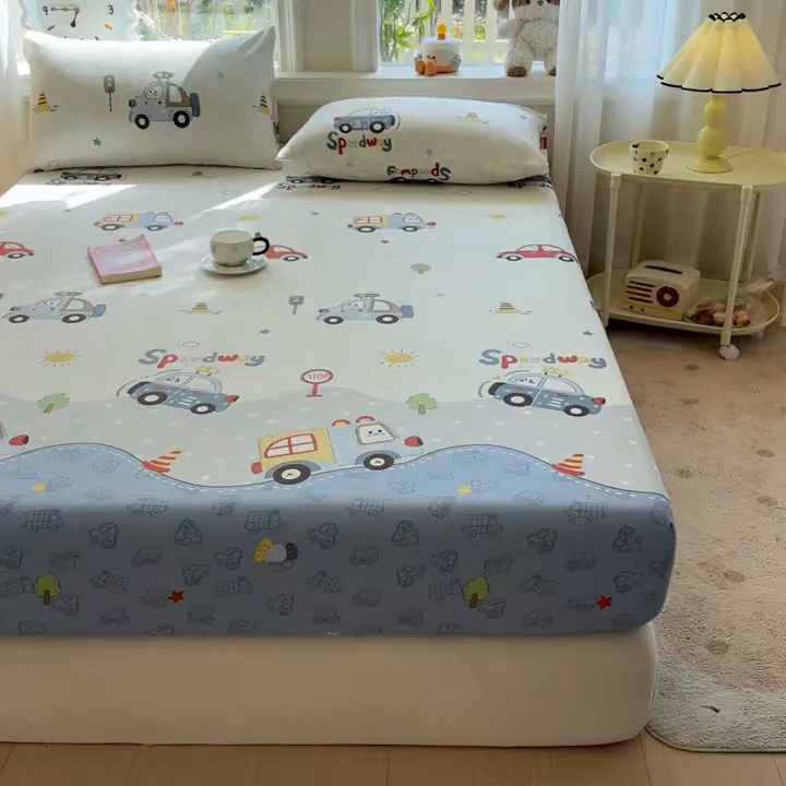 91家纺网 家纺一手货源 找家纺 优眠坊 2026春夏新款全棉印花卡通单床笠 汽车嘟嘟