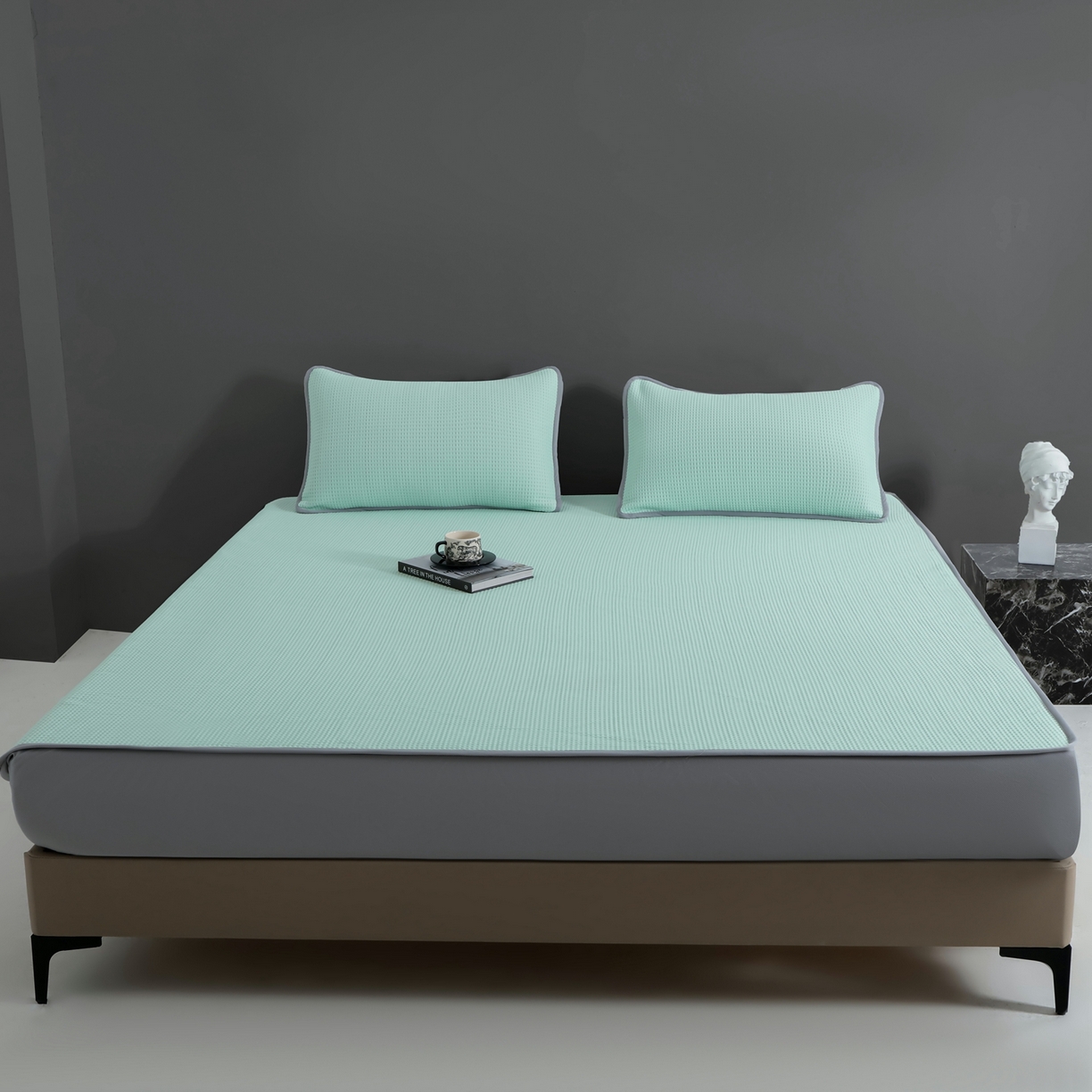 91家纺网 家纺一手货源 找家纺 耀悦家纺 2026款100%乙纶凉席pe凉感华夫格凉席加厚三明治三件套床笠床席子枕套 清凉绿-床笠款