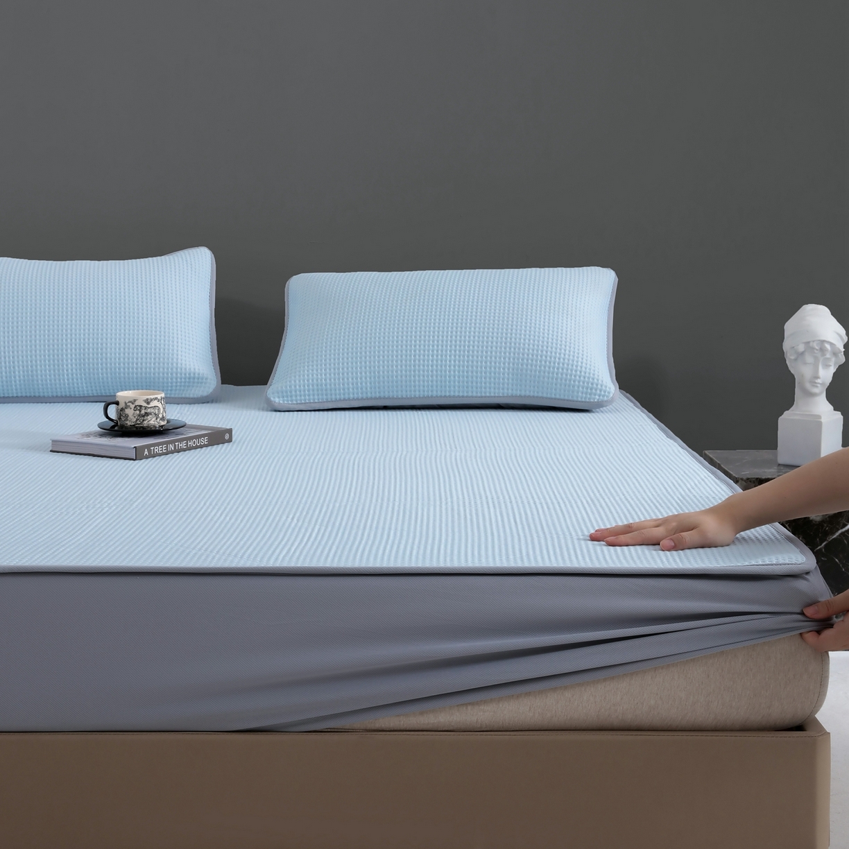 耀悦家纺 2026款100%乙纶凉席pe凉感华夫格凉席加厚三明治三件套床笠床席子枕套 水晶蓝-床笠款