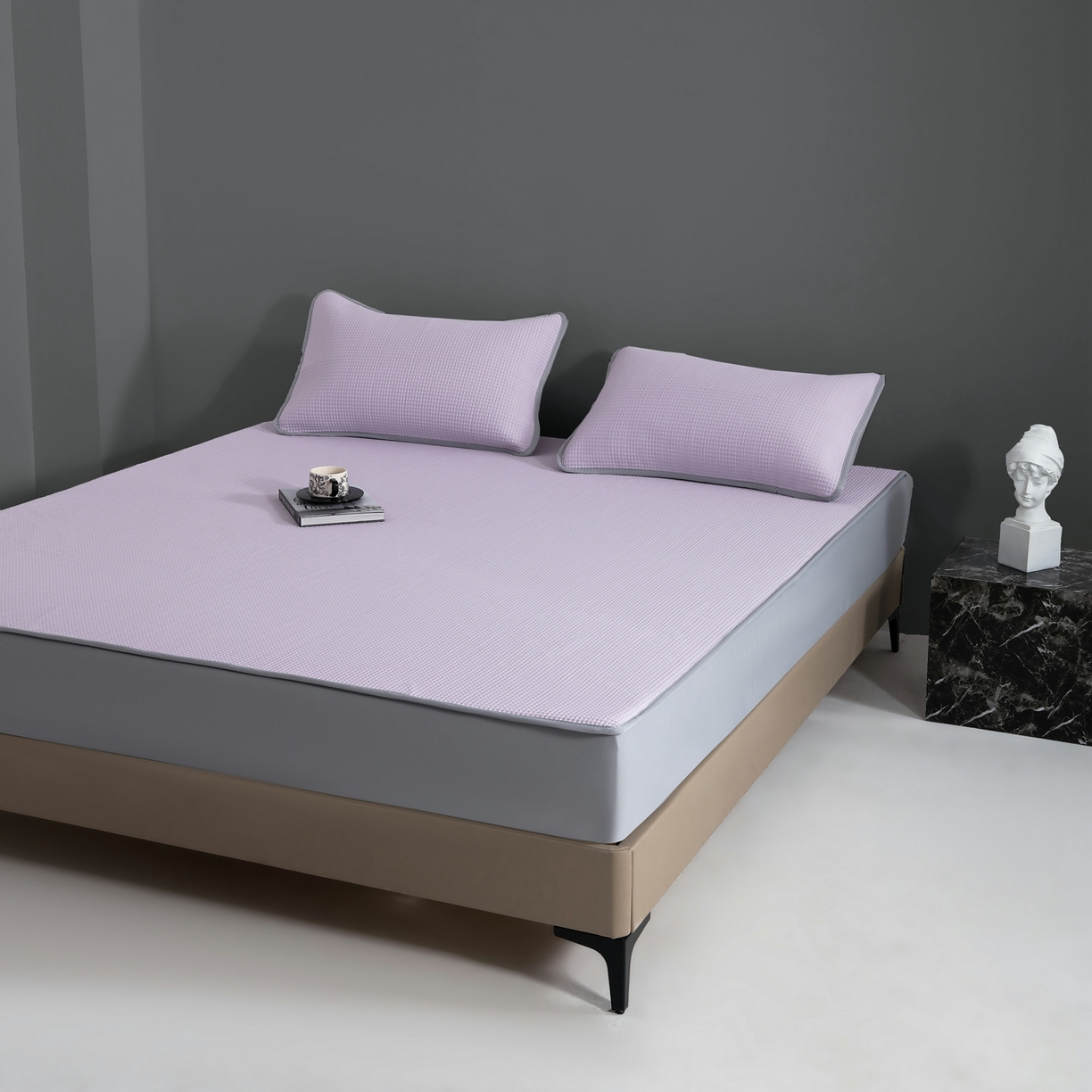 91家纺网 家纺一手货源 找家纺 耀悦家纺 2026款100%乙纶凉席pe凉感华夫格凉席加厚三明治三件套床笠床席子枕套 优雅紫-床笠款