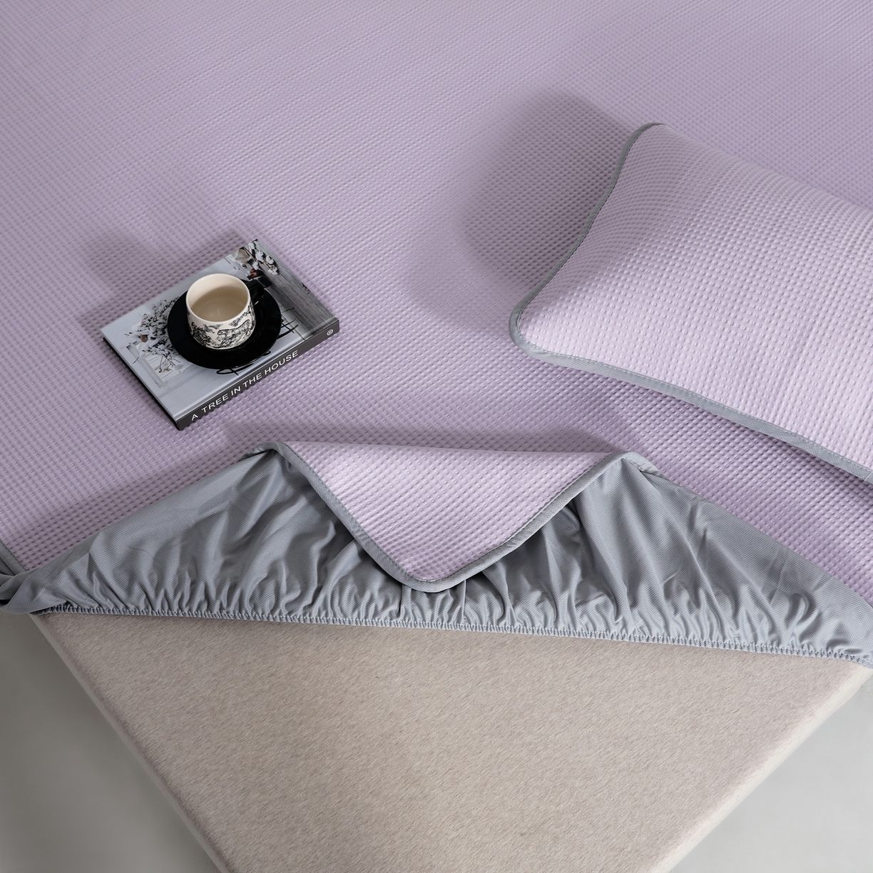 91家纺网 家纺一手货源 找家纺 耀悦家纺 2026款100%乙纶凉席pe凉感华夫格凉席加厚三明治三件套床笠床席子枕套 优雅紫-床笠款