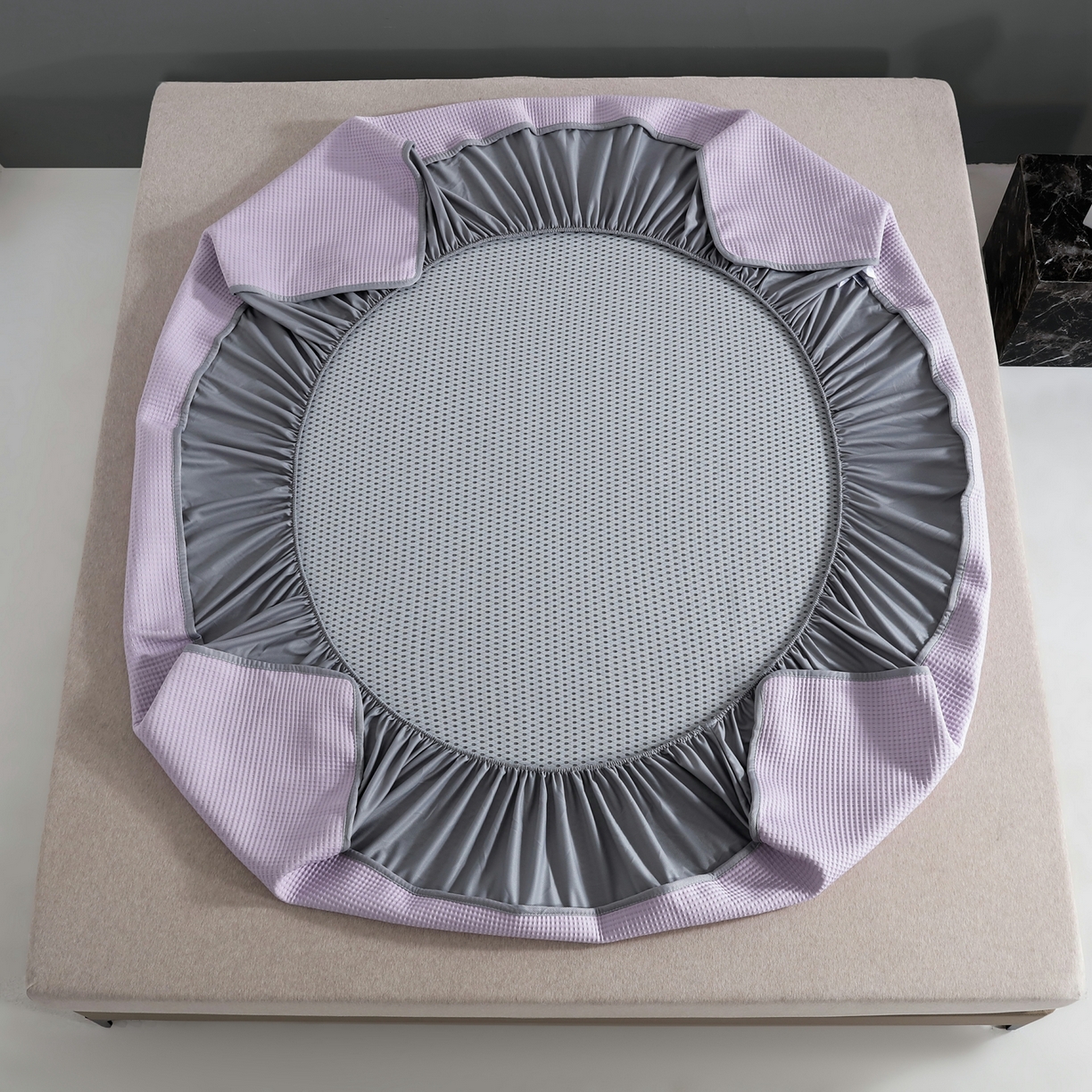 91家纺网 家纺一手货源 找家纺 耀悦家纺 2026款100%乙纶凉席pe凉感华夫格凉席加厚三明治三件套床笠床席子枕套 优雅紫-床笠款