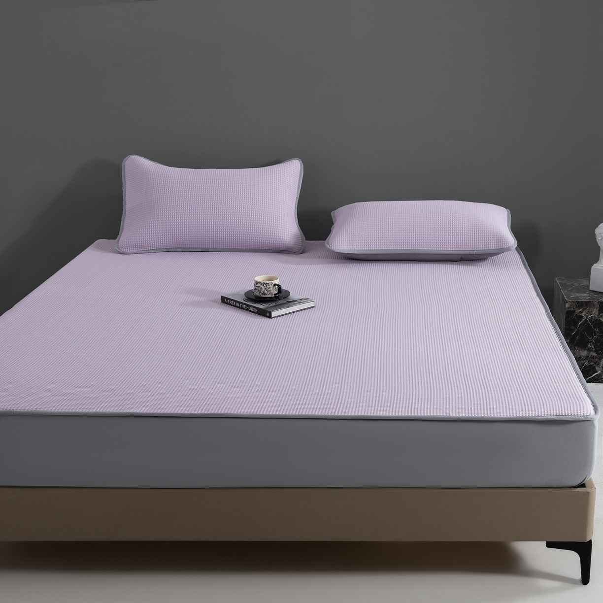 91家纺网 家纺一手货源 找家纺 耀悦家纺 2026款100%乙纶凉席pe凉感华夫格凉席加厚三明治三件套床笠床席子枕套 优雅紫-床笠款