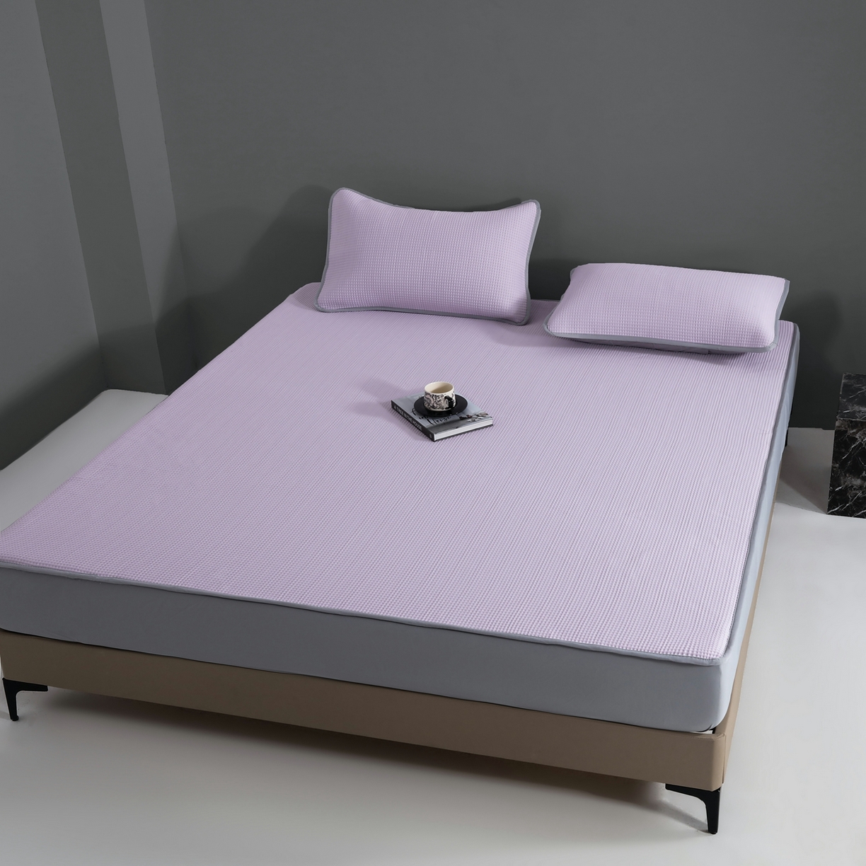 91家纺网 家纺一手货源 找家纺 耀悦家纺 2026款100%乙纶凉席pe凉感华夫格凉席加厚三明治三件套床笠床席子枕套 优雅紫-床笠款