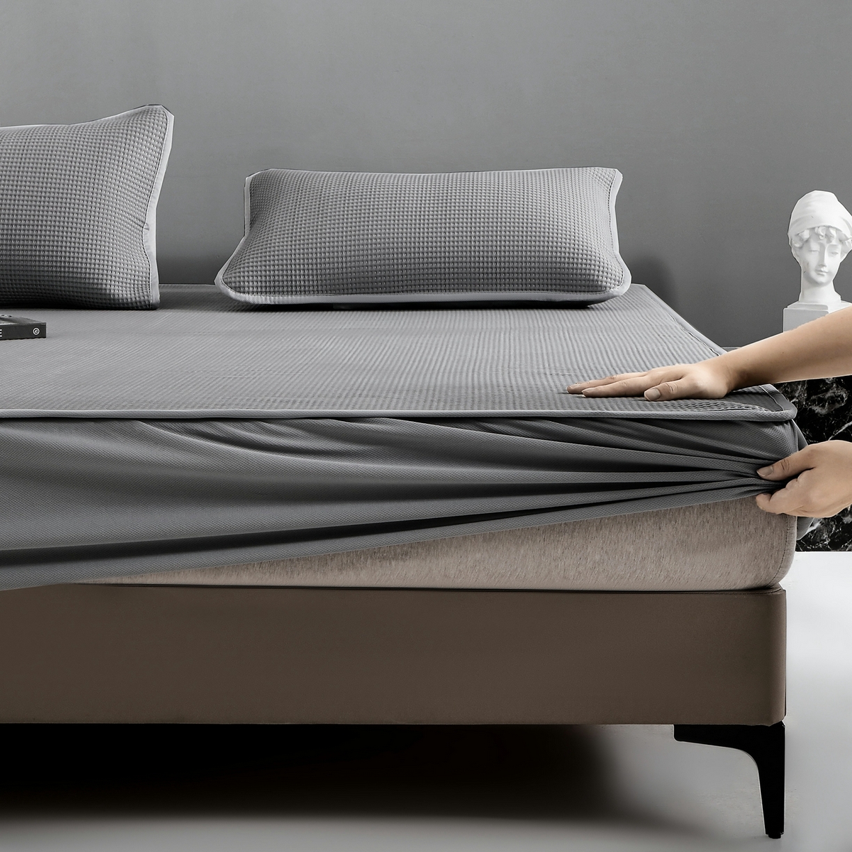 耀悦家纺 2026款100%乙纶凉席pe凉感华夫格凉席加厚三明治三件套床笠床席子枕套 云灰-床笠款