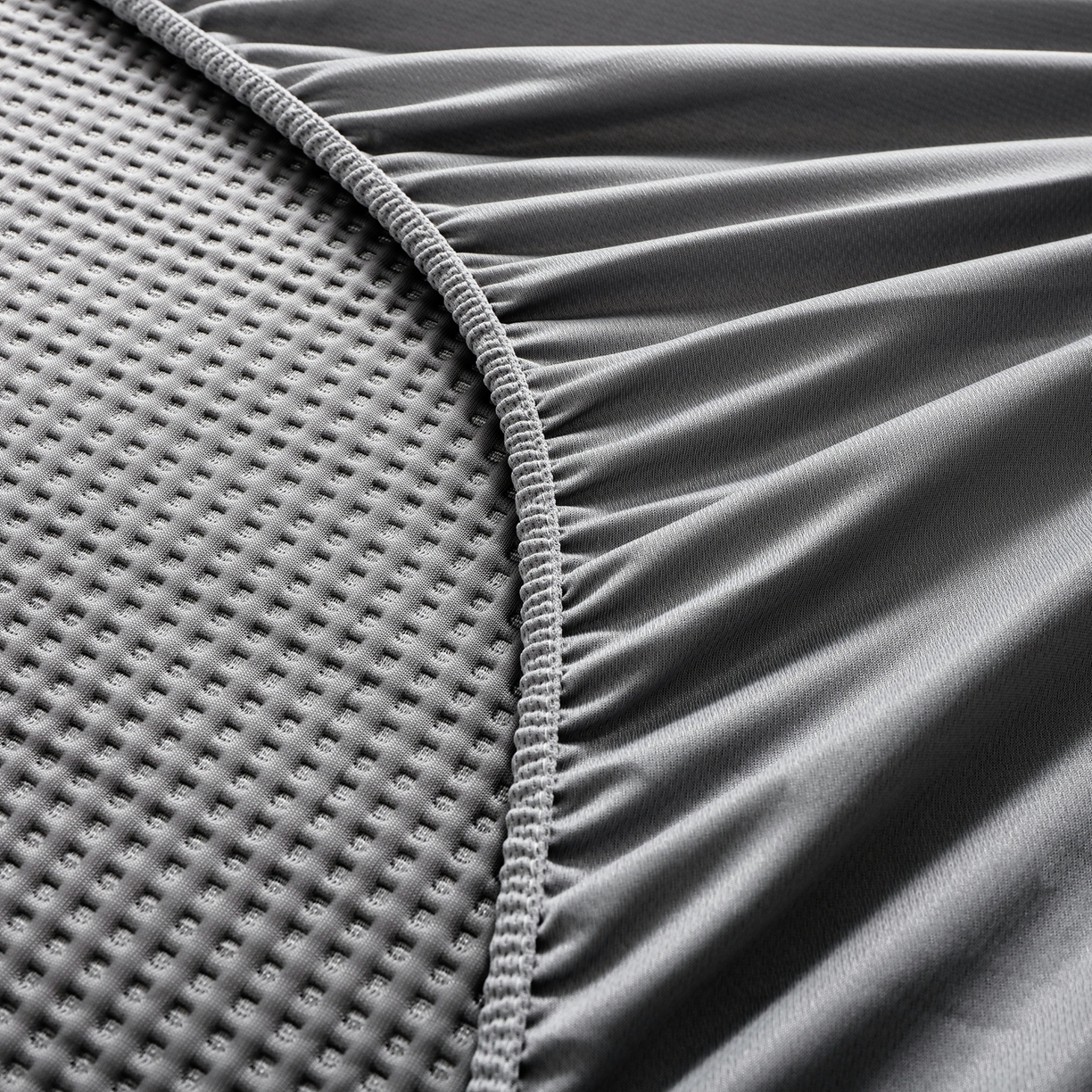 91家纺网 家纺一手货源 找家纺 耀悦家纺 2026款100%乙纶凉席pe凉感华夫格凉席加厚三明治三件套床笠床席子枕套 云灰-床笠款