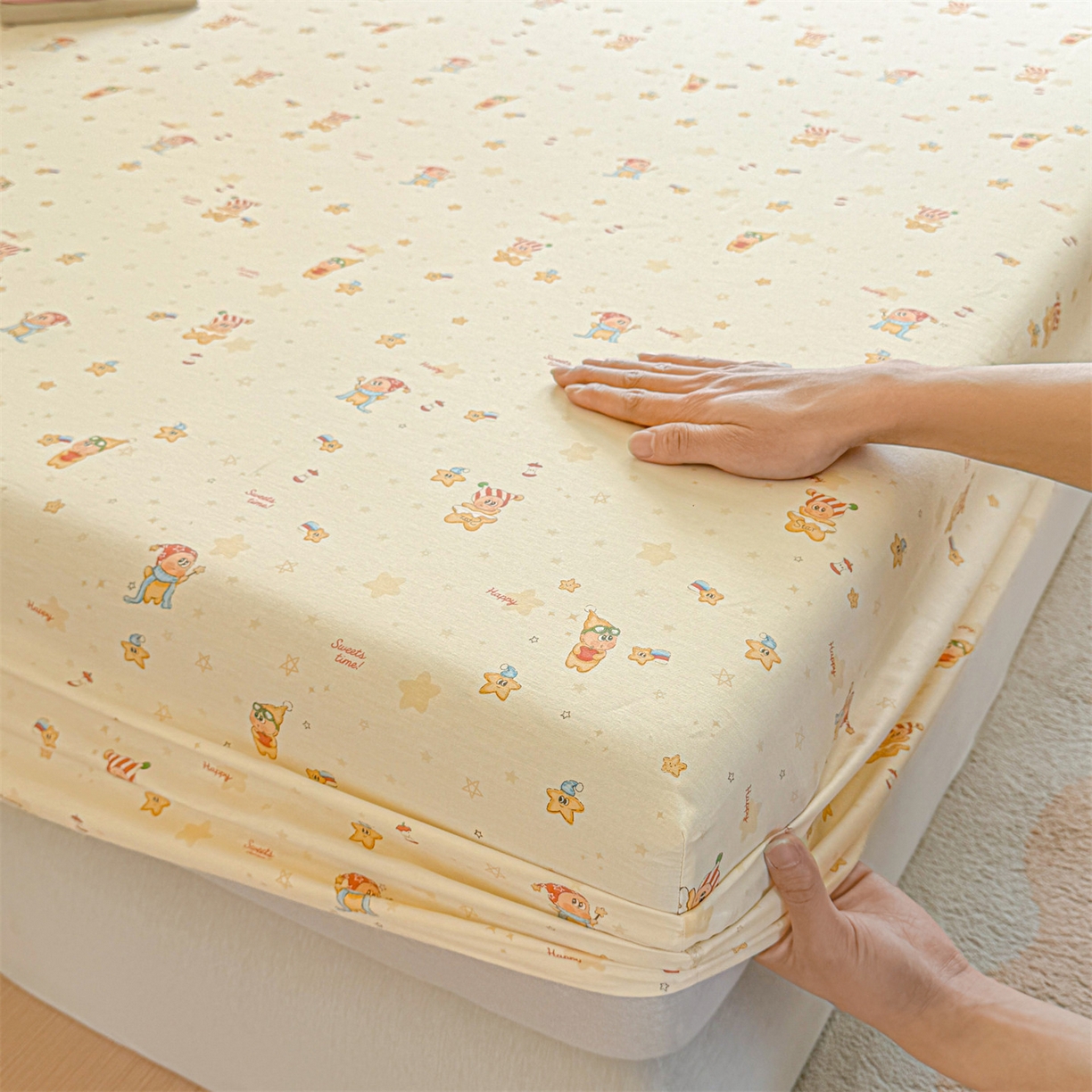 91家纺网 家纺一手货源 找家纺 优眠坊 2026春夏新款全棉印花卡通单床笠 芝士星星仔