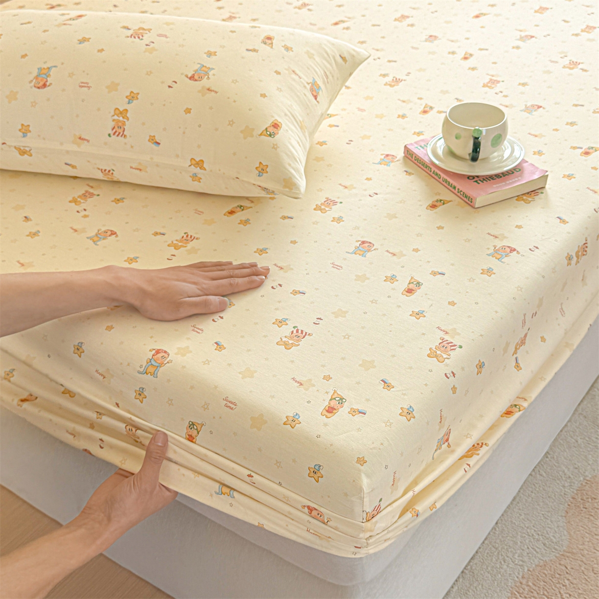 91家纺网 家纺一手货源 找家纺 优眠坊 2026春夏新款全棉印花卡通单床笠 芝士星星仔