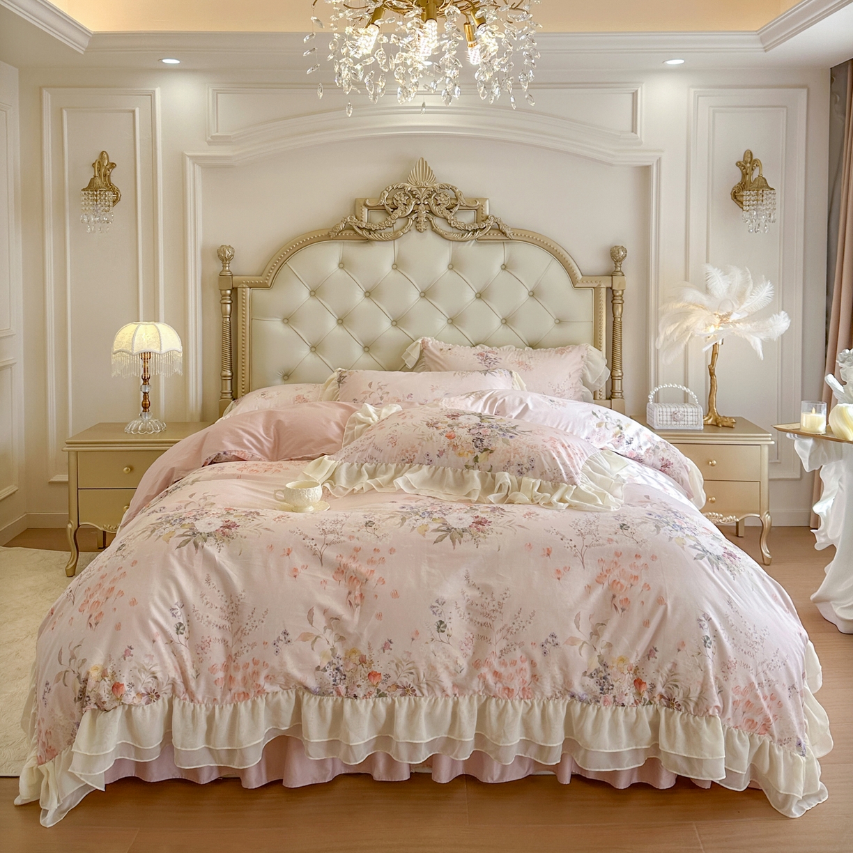 91家纺网 家纺一手货源 找家纺 （总）亲亲公主 2026新款全棉纯棉蕾丝花边小清新印花床裙四件套