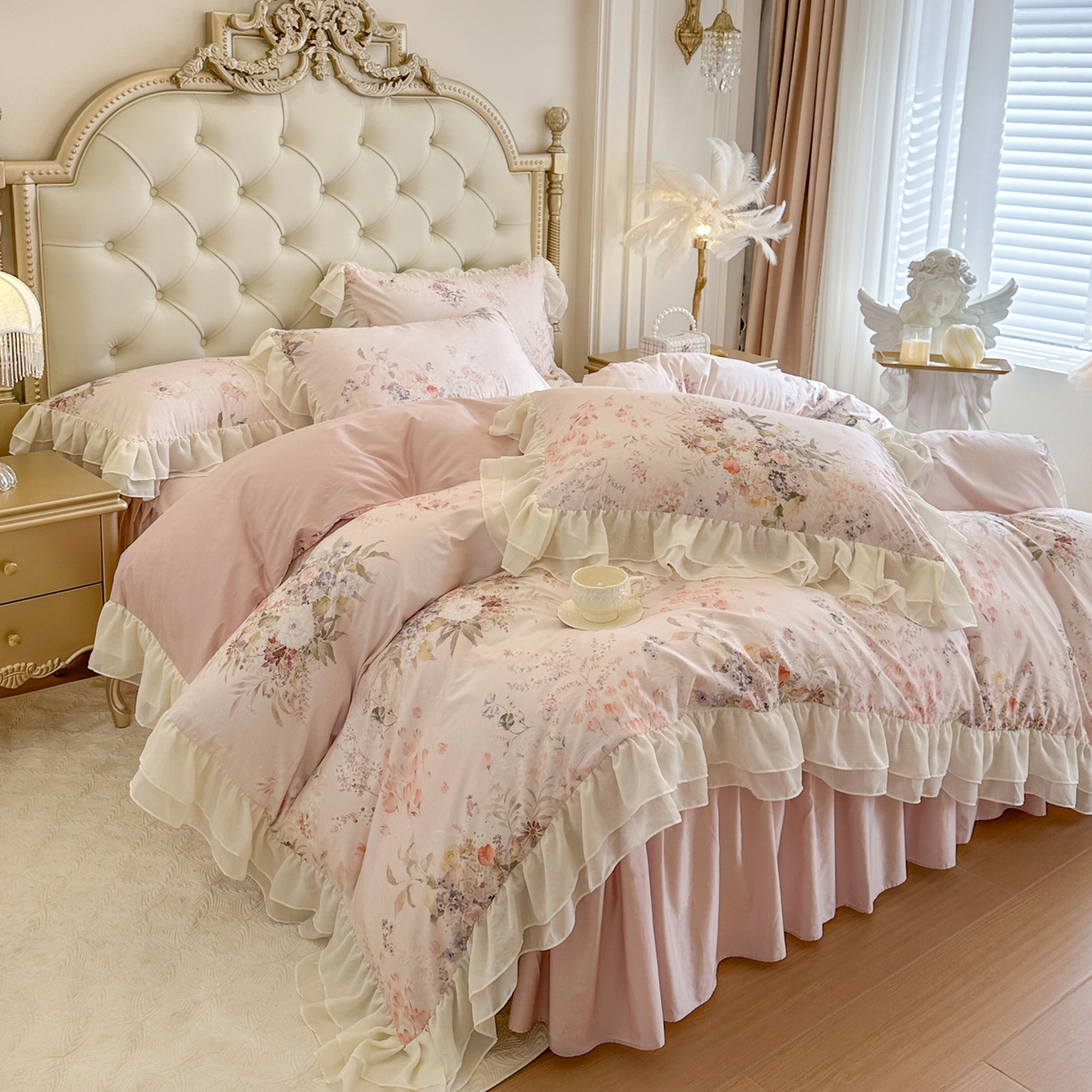 91家纺网 家纺一手货源 找家纺 （总）亲亲公主 2026新款全棉纯棉蕾丝花边小清新印花床裙四件套