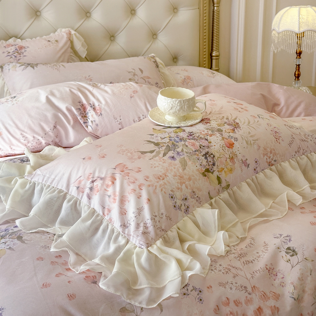 91家纺网 家纺一手货源 找家纺 （总）亲亲公主 2026新款全棉纯棉蕾丝花边小清新印花床裙四件套