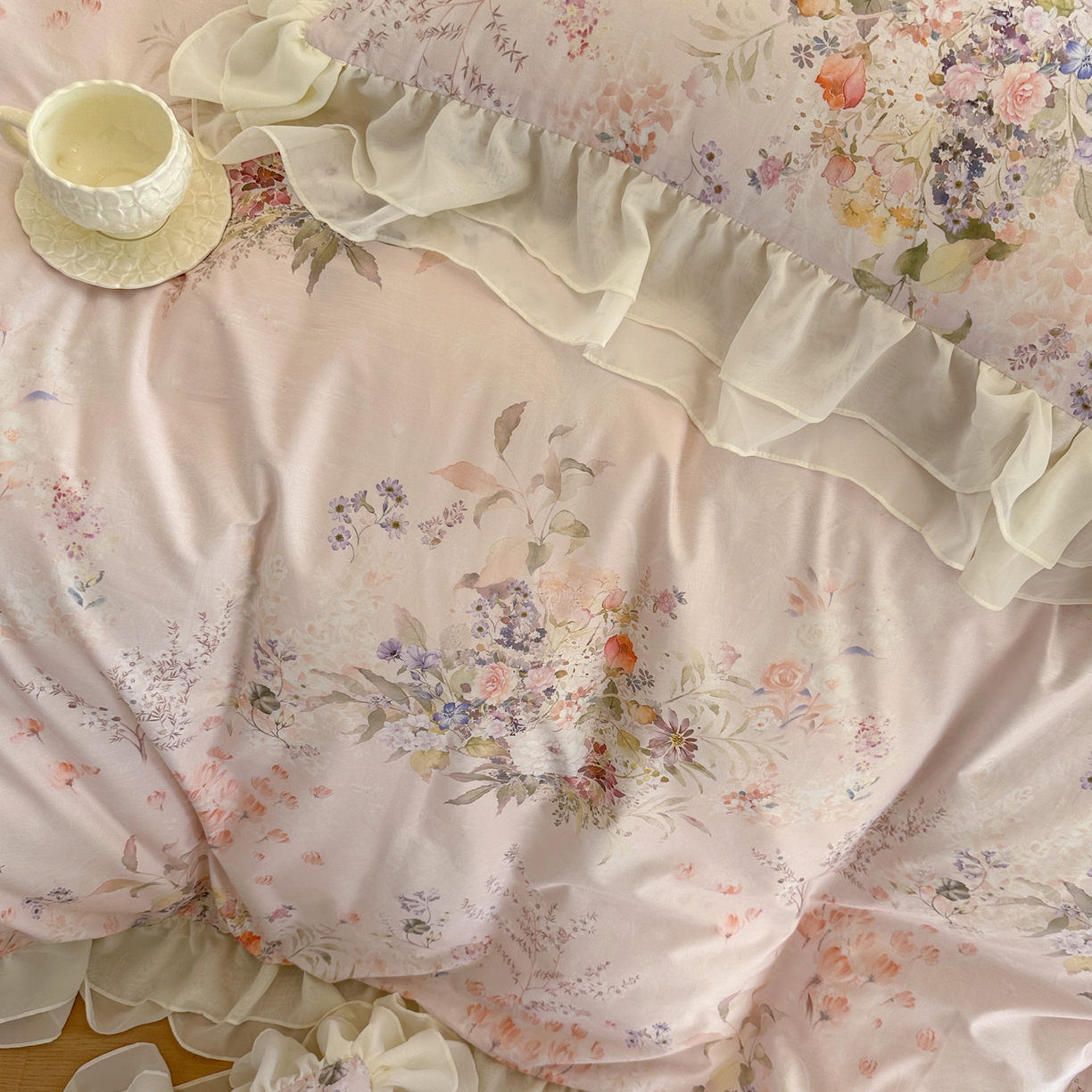 91家纺网 家纺一手货源 找家纺 （总）亲亲公主 2026新款全棉纯棉蕾丝花边小清新印花床裙四件套