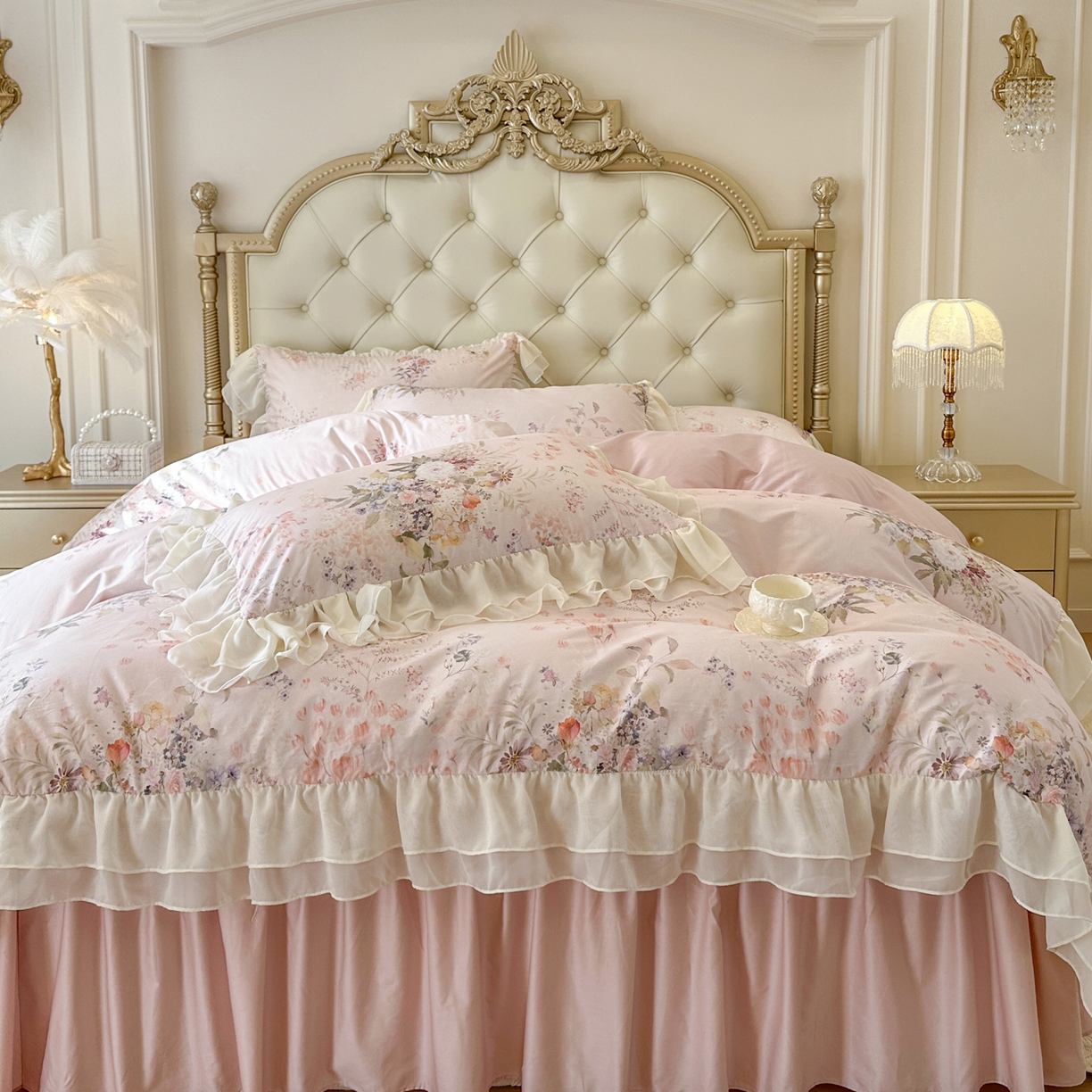 91家纺网 家纺一手货源 找家纺 （总）亲亲公主 2026新款全棉纯棉蕾丝花边小清新印花床裙四件套