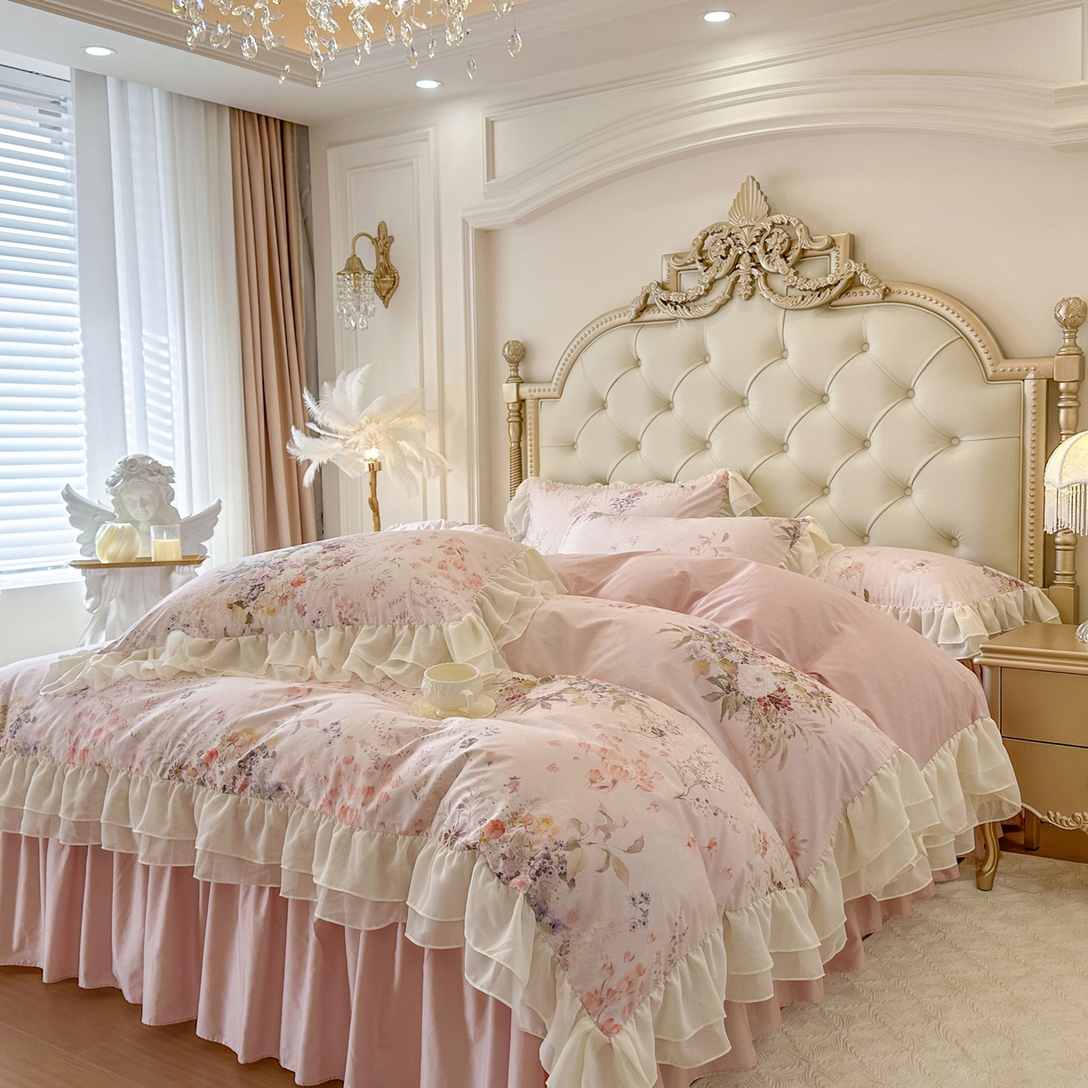 91家纺网 家纺一手货源 找家纺 （总）亲亲公主 2026新款全棉纯棉蕾丝花边小清新印花床裙四件套