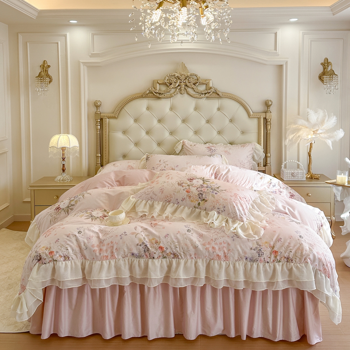 91家纺网 家纺一手货源 找家纺 亲亲公主 2026新款全棉纯棉蕾丝花边小清新印花床裙四件套 花遇甜心