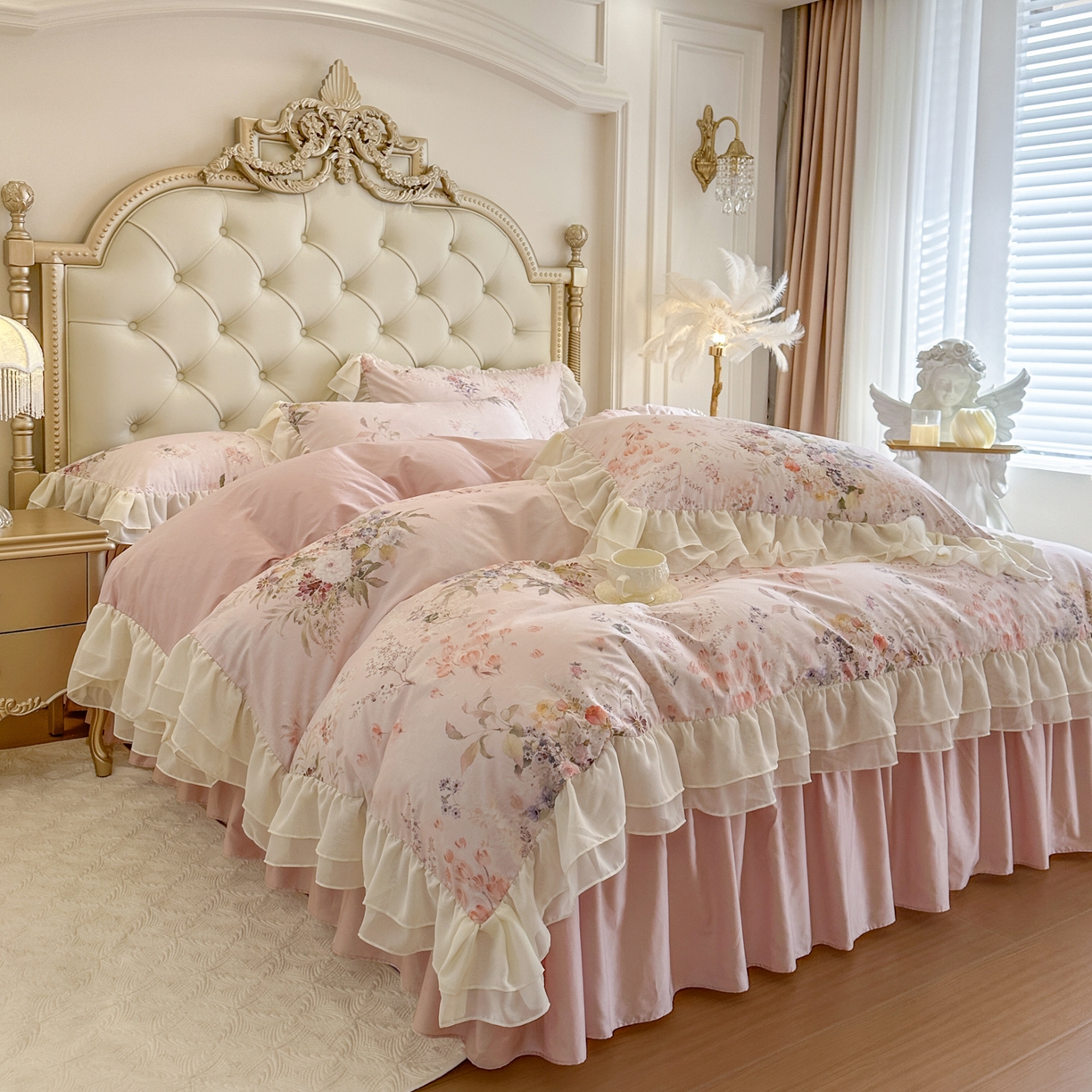 91家纺网 家纺一手货源 找家纺 亲亲公主 2026新款全棉纯棉蕾丝花边小清新印花床裙四件套 花遇甜心