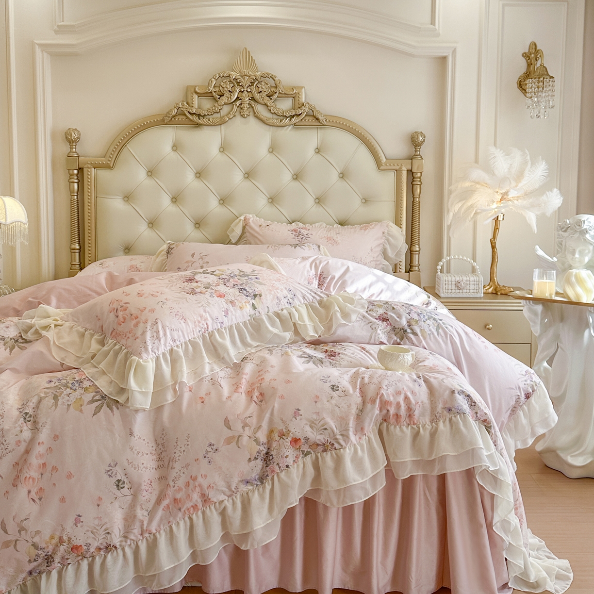 91家纺网 家纺一手货源 找家纺 亲亲公主 2026新款全棉纯棉蕾丝花边小清新印花床裙四件套 花遇甜心