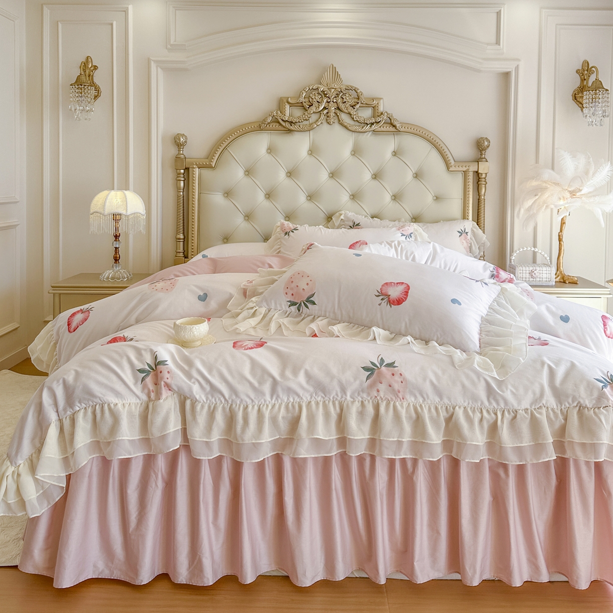 91家纺网 家纺一手货源 找家纺 亲亲公主 2026新款全棉纯棉蕾丝花边小清新印花床裙四件套 花遇草莓