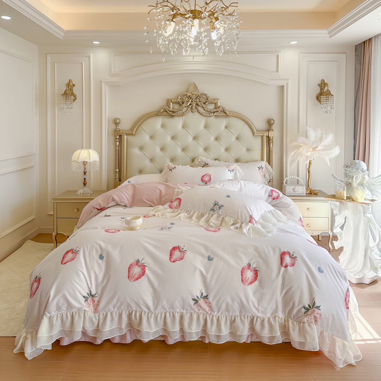 91家纺网 家纺一手货源 找家纺 亲亲公主 2026新款全棉纯棉蕾丝花边小清新印花床裙四件套 花遇草莓