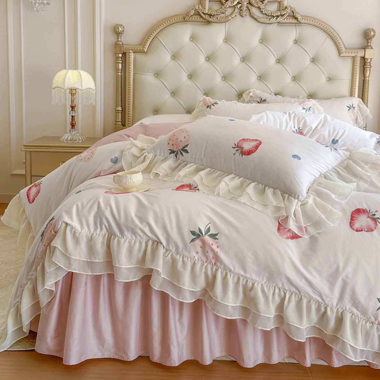 91家纺网 家纺一手货源 找家纺 亲亲公主 2026新款全棉纯棉蕾丝花边小清新印花床裙四件套 花遇草莓