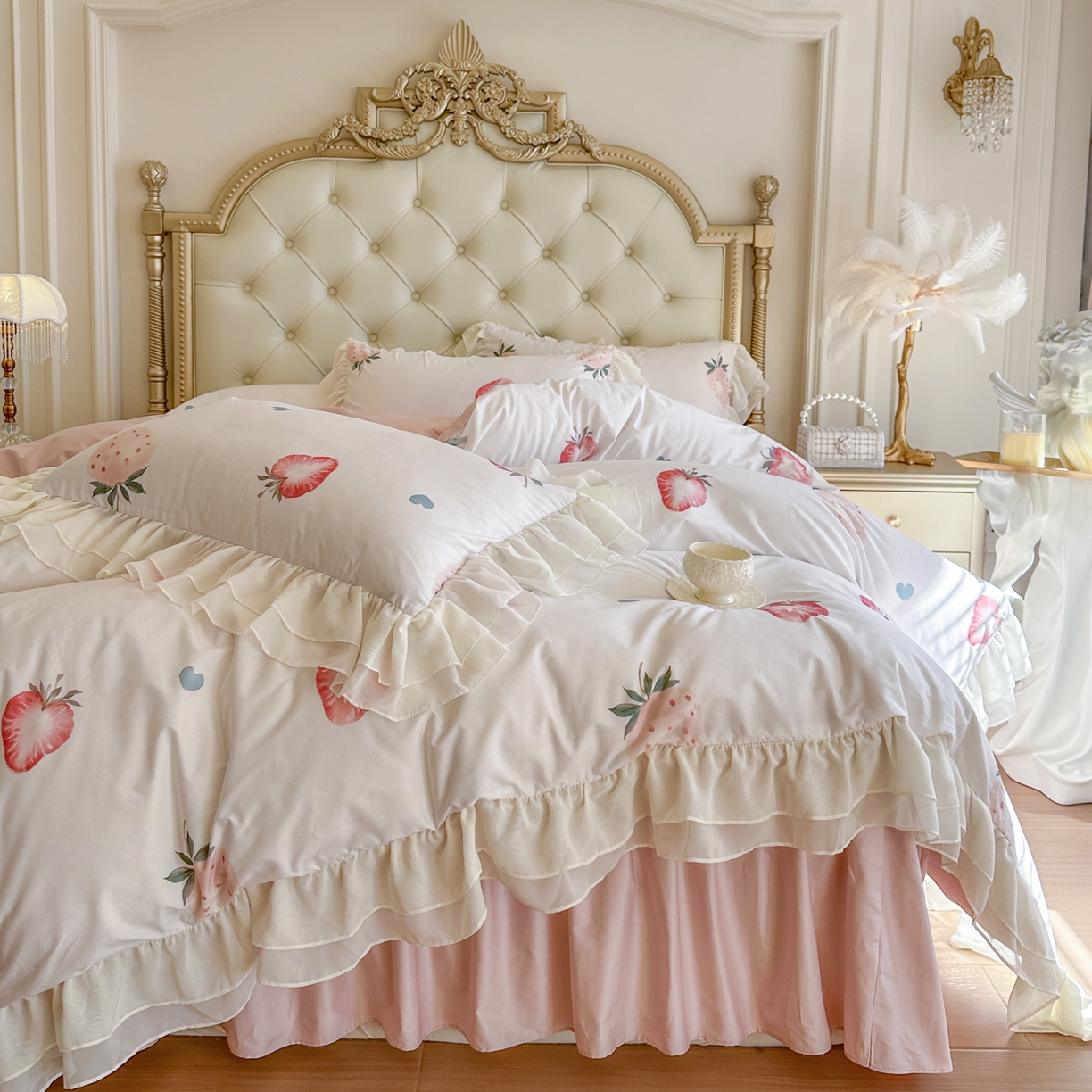 91家纺网 家纺一手货源 找家纺 亲亲公主 2026新款全棉纯棉蕾丝花边小清新印花床裙四件套 花遇草莓