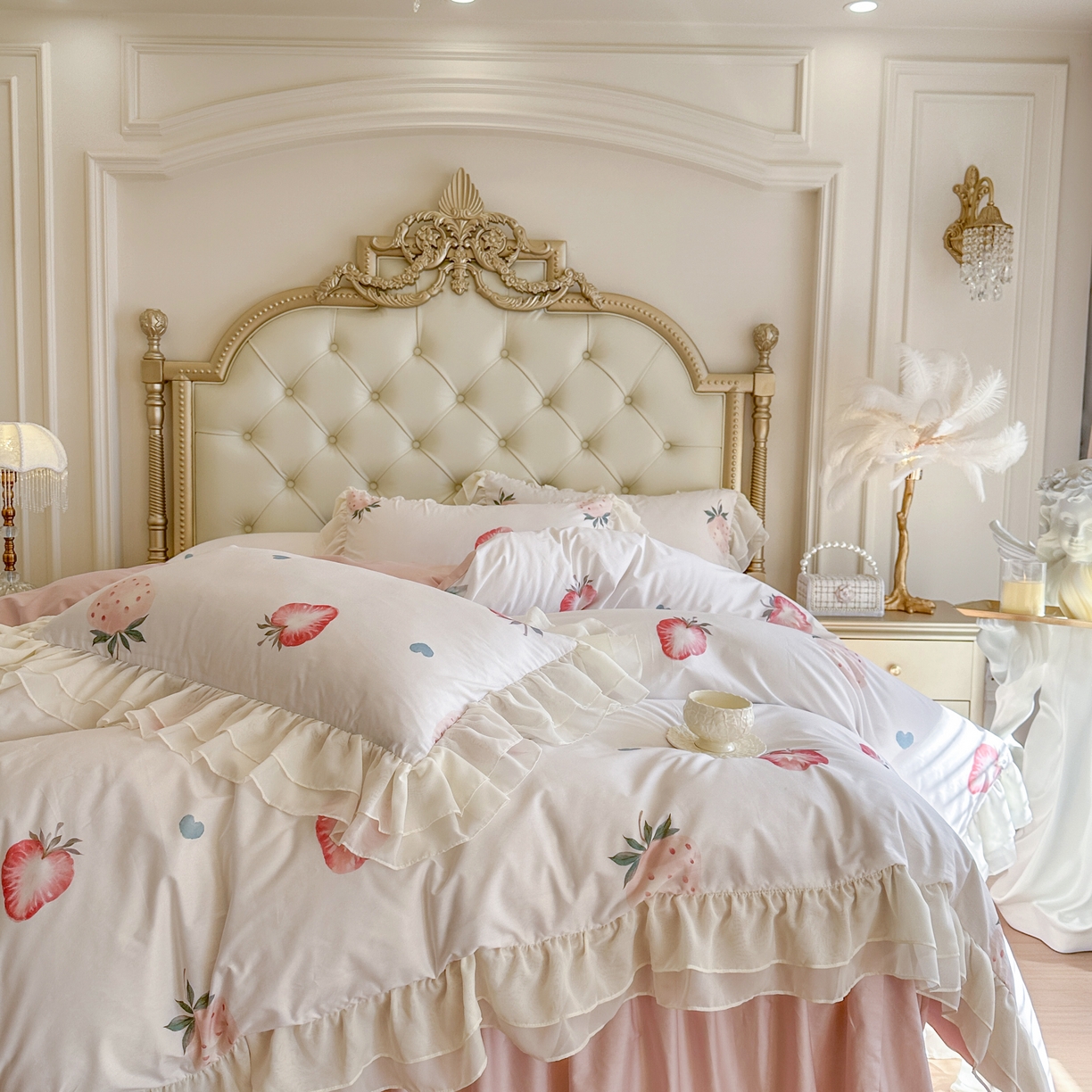 91家纺网 家纺一手货源 找家纺 亲亲公主 2026新款全棉纯棉蕾丝花边小清新印花床裙四件套 花遇草莓